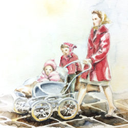 Eine Mutter mit ihren 2 Kindern unterwegs auf der Straße.