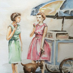 2 Frauen mit Eis und Hund vor einem Eiswagen