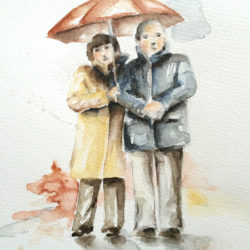 Ein älteres Paar steht zusammen unter einem Regenschirm.